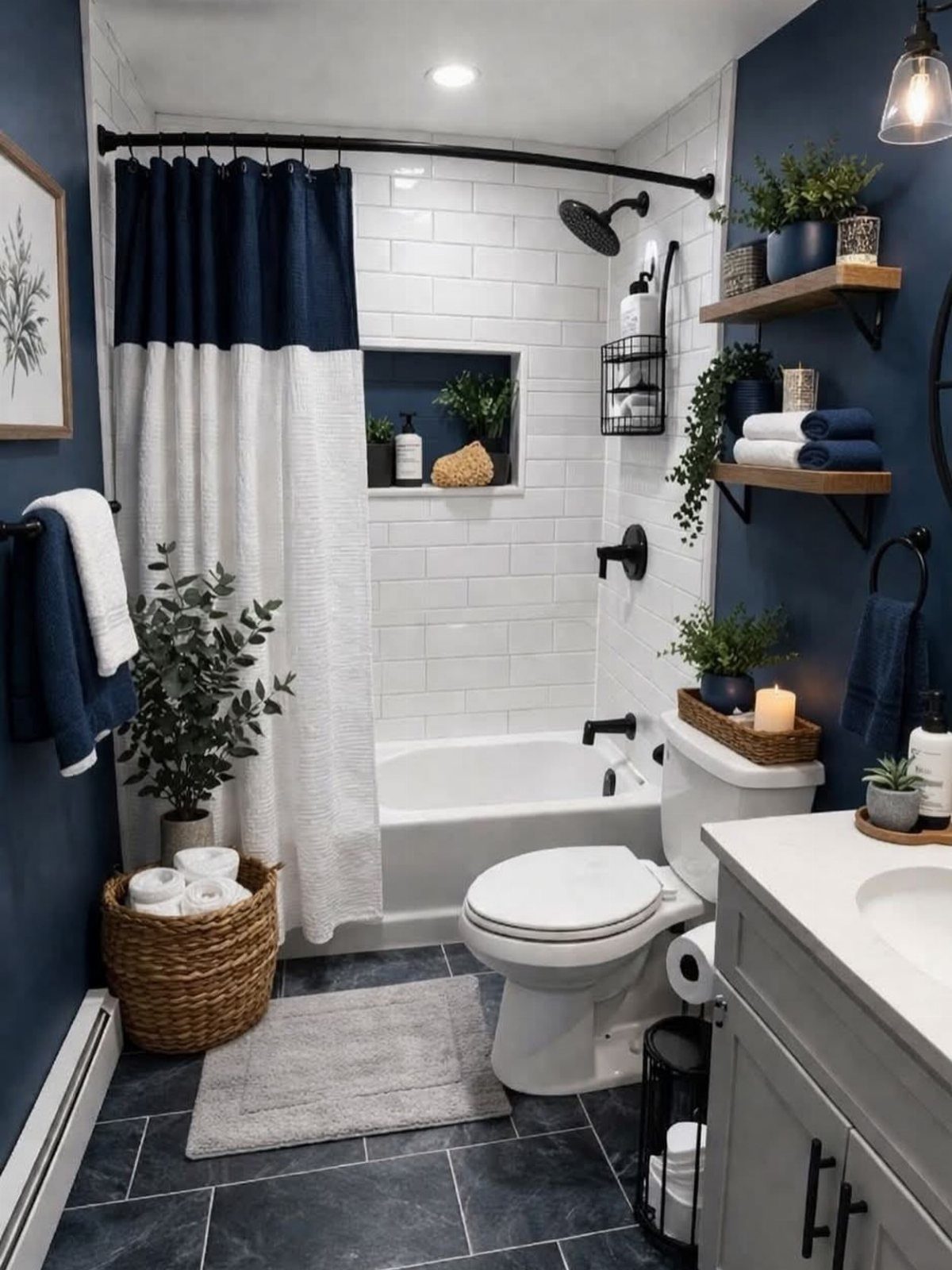 Small bathroom with deep slate blue walls, white subway tiles, and dark flooring.