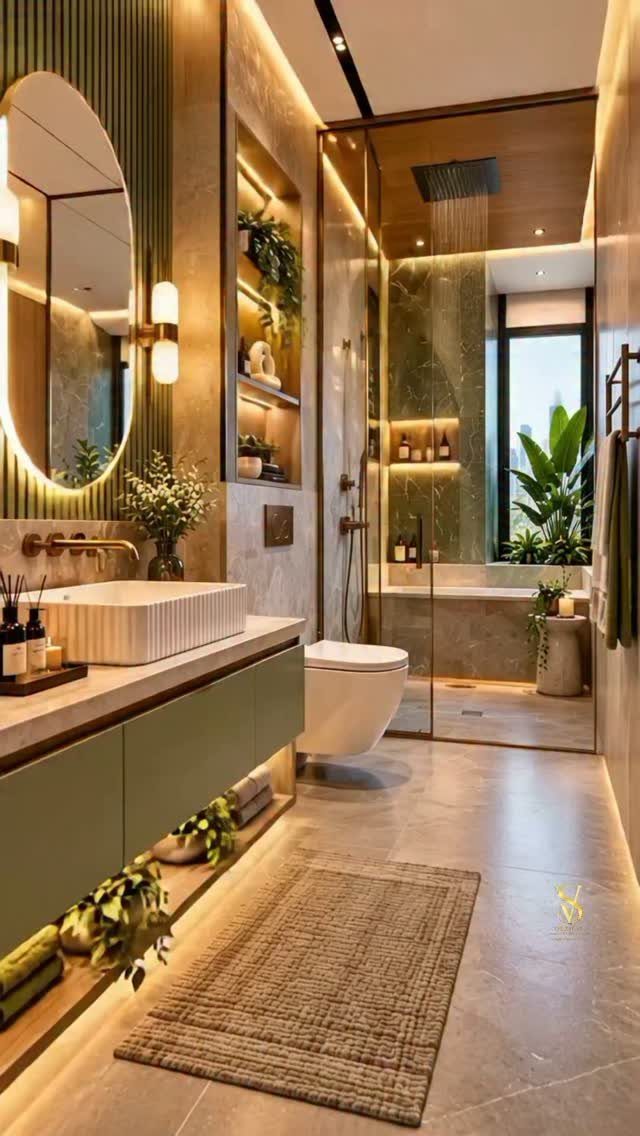Green floating vanity with white vessel sink in a modern, narrow marble bathroom.