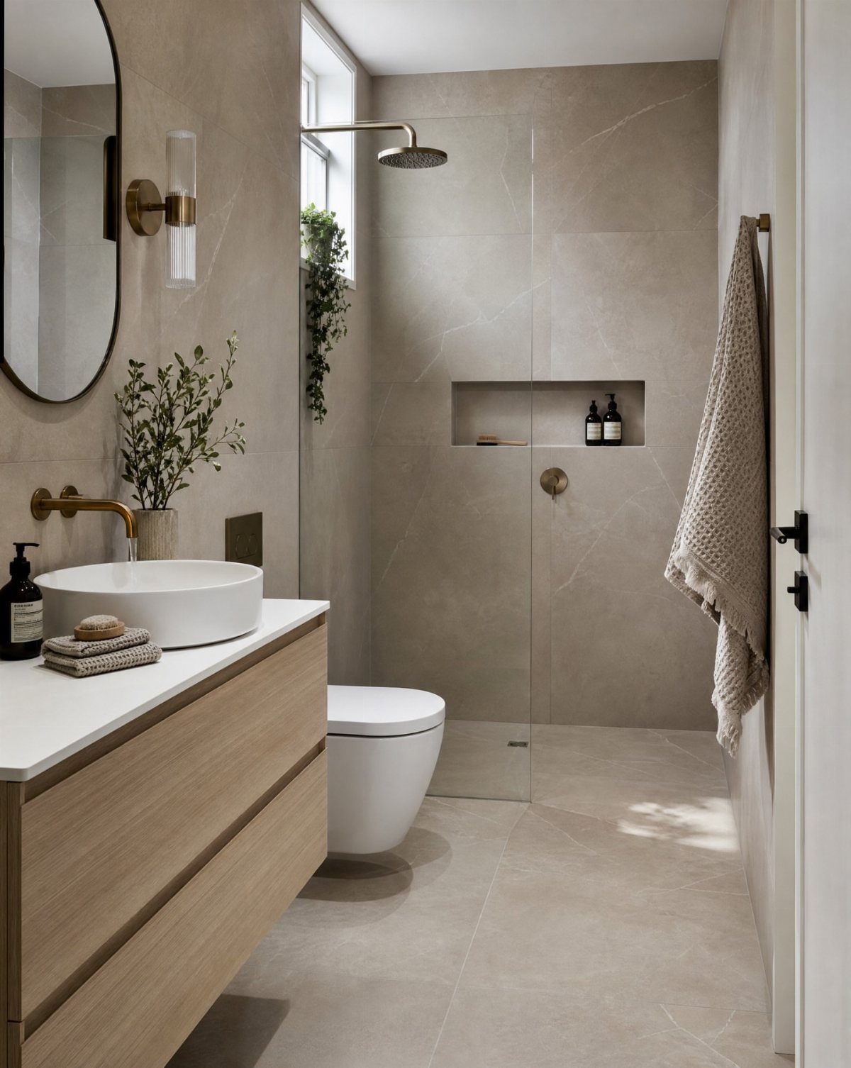 Modern bathroom featuring large beige tiles on the walls and floor with floating vanity.