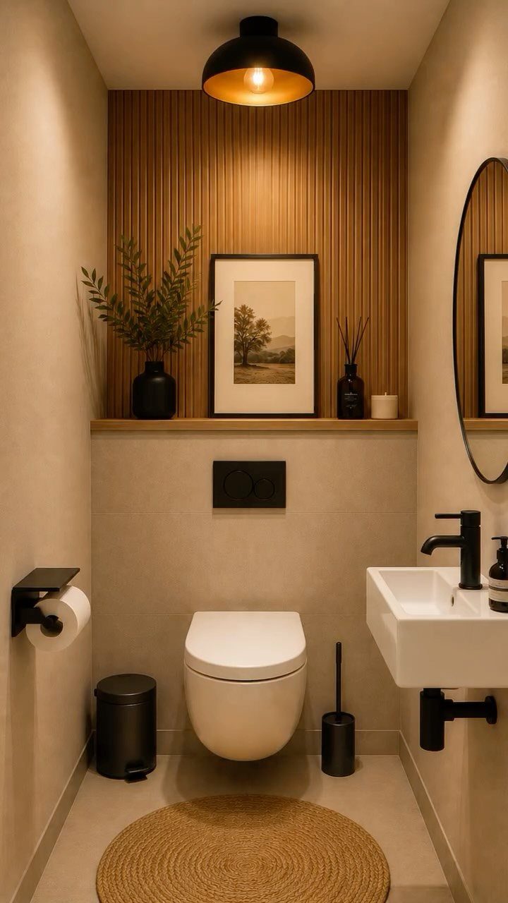 Modern small bathroom with vertical wood slat wall, white toilet, and black fixtures.