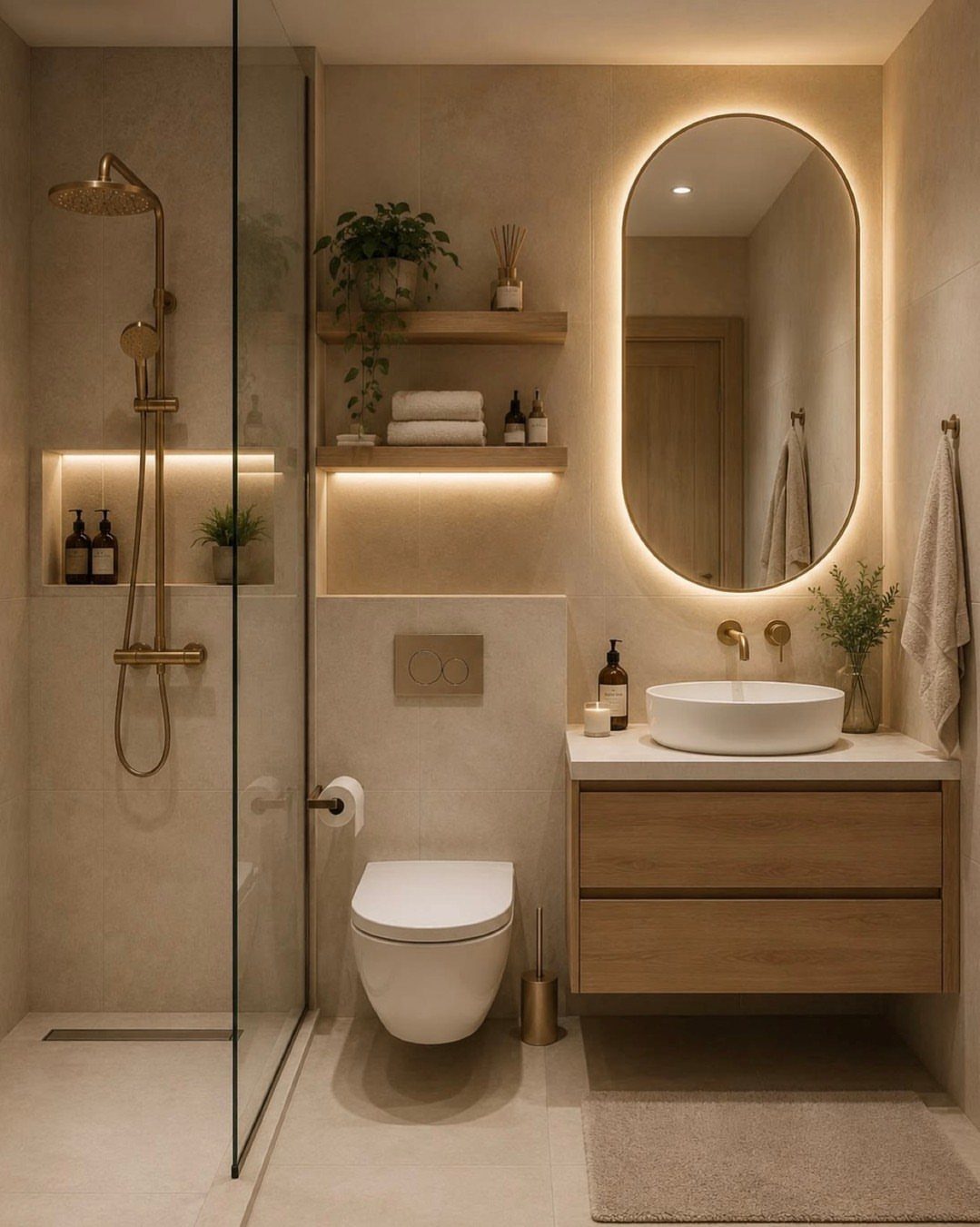 Modern small bathroom with a glass alcove shower, wooden vanity, and backlit mirror.