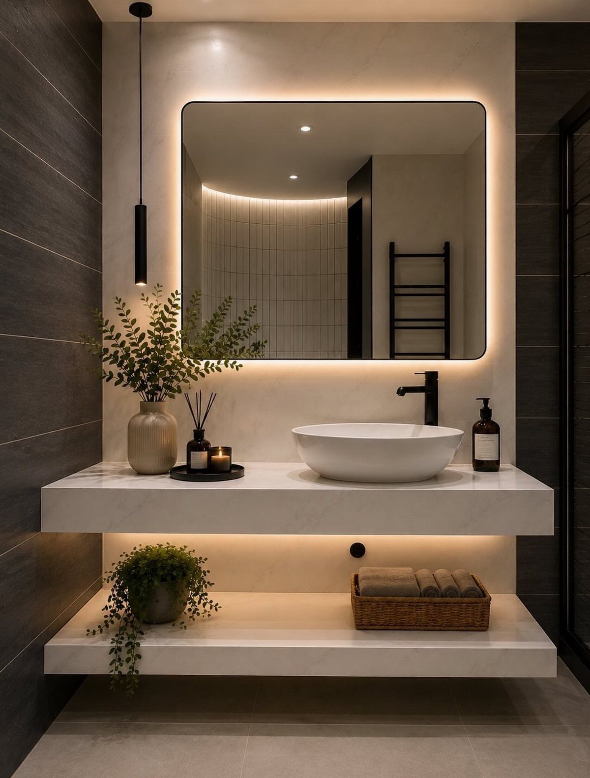 Modern bathroom with a backlit rectangular mirror and white marble floating vanity