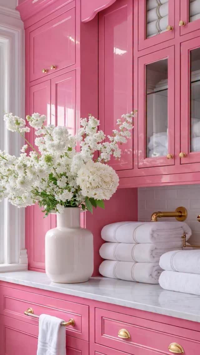 Pink high-gloss bathroom cabinets and walls with white flowers and folded white towels.