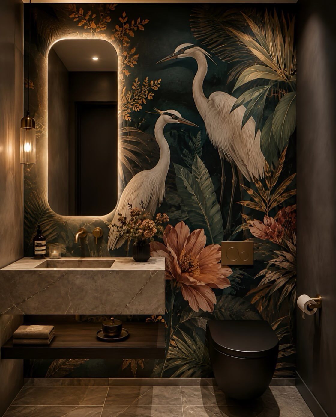 Tropical wallpaper with white herons and flowers in a modern small bathroom