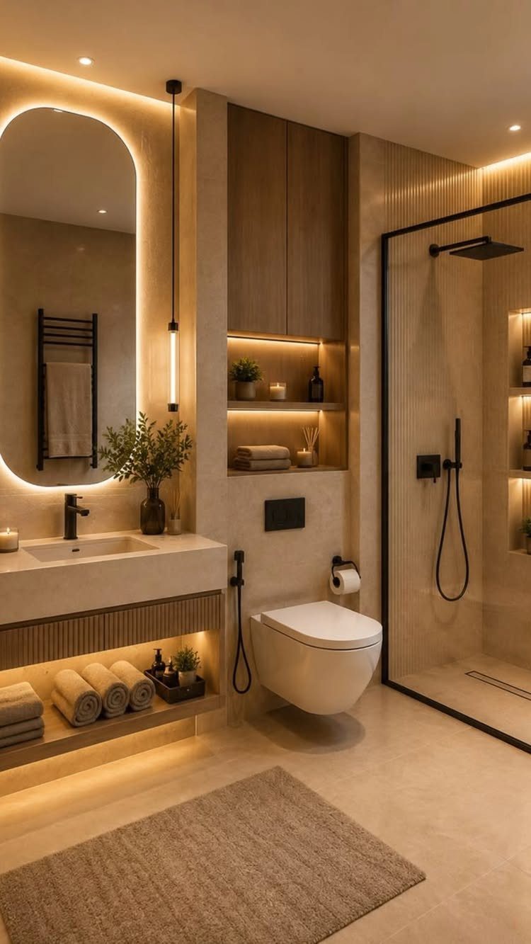 Modern small bathroom with beige walls, backlit mirror, and glass shower enclosure.