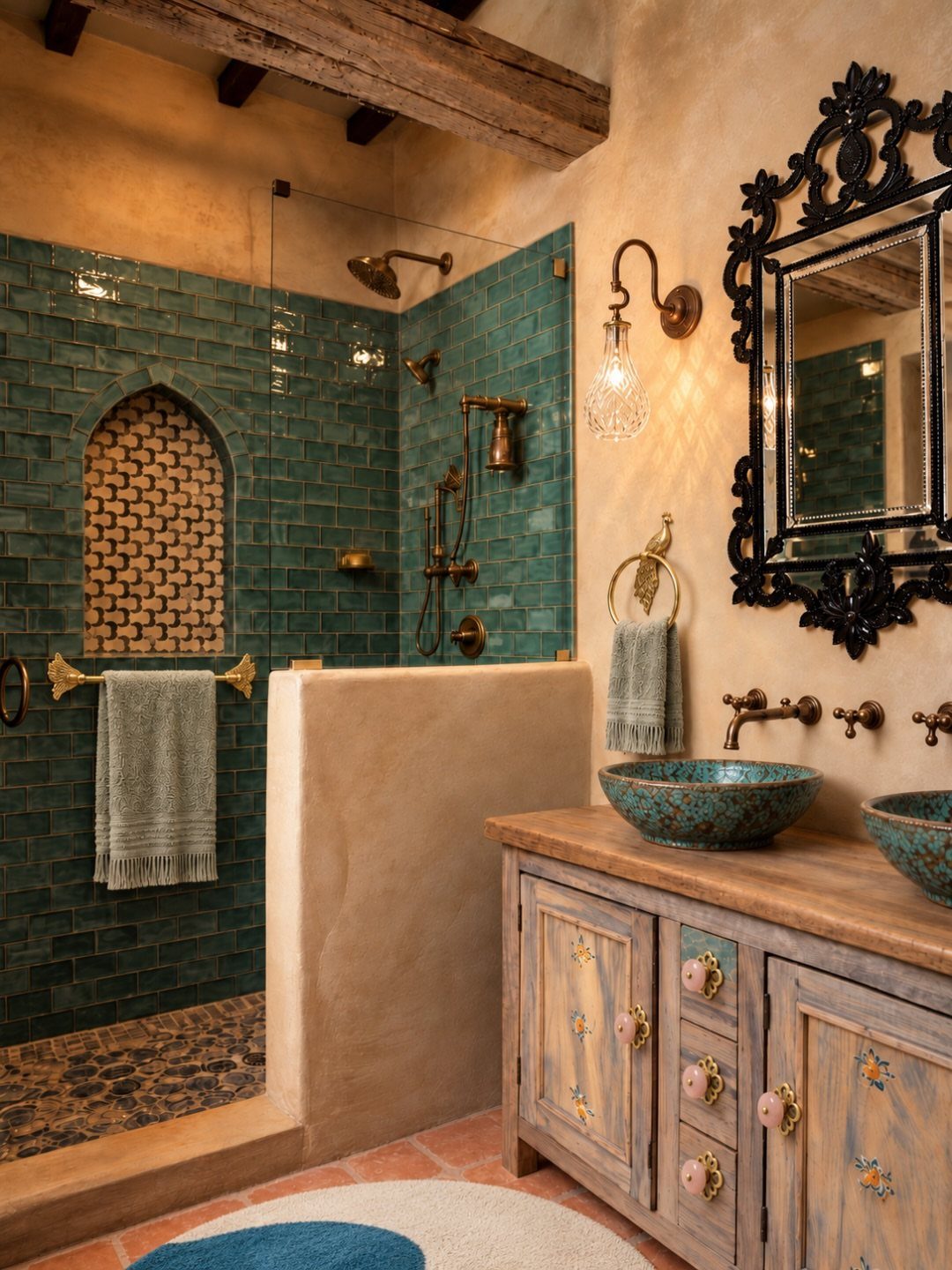Teal glazed tiles and rustic wooden vanity in a Mediterranean style bathroom