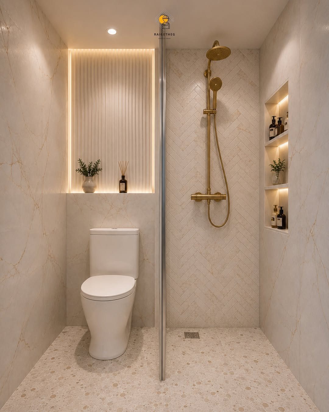 Modern bathroom with a gold shower and a recessed wall niche for storage.