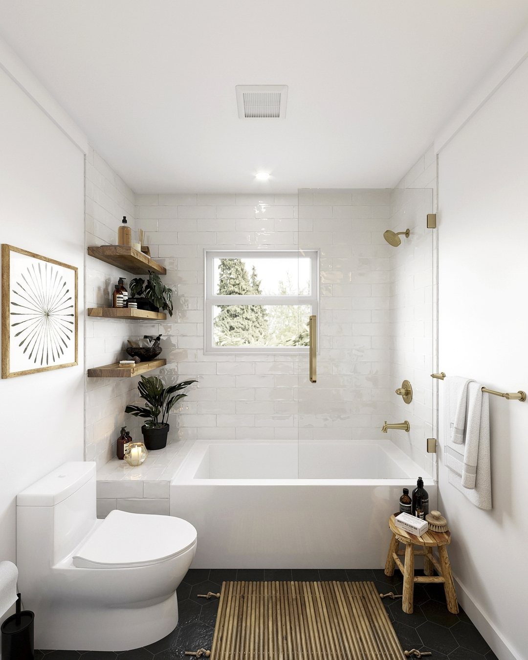 Small white bathroom featuring a built-in bathtub, white toilet, and wooden accents.