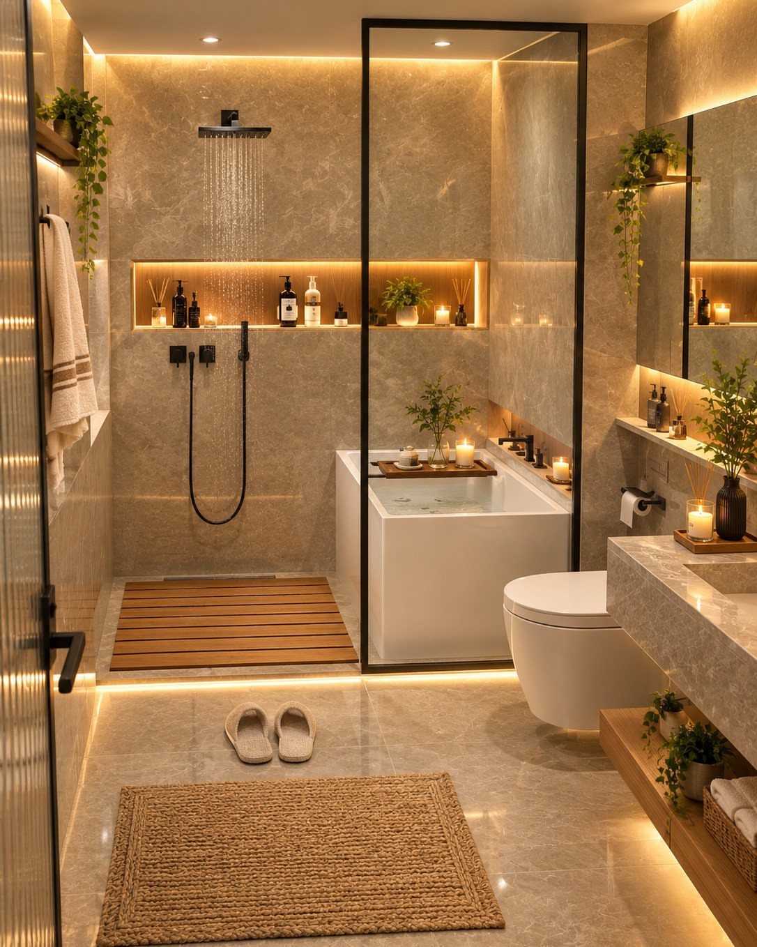 Modern small bathroom featuring a wet room with a tub and rain shower.