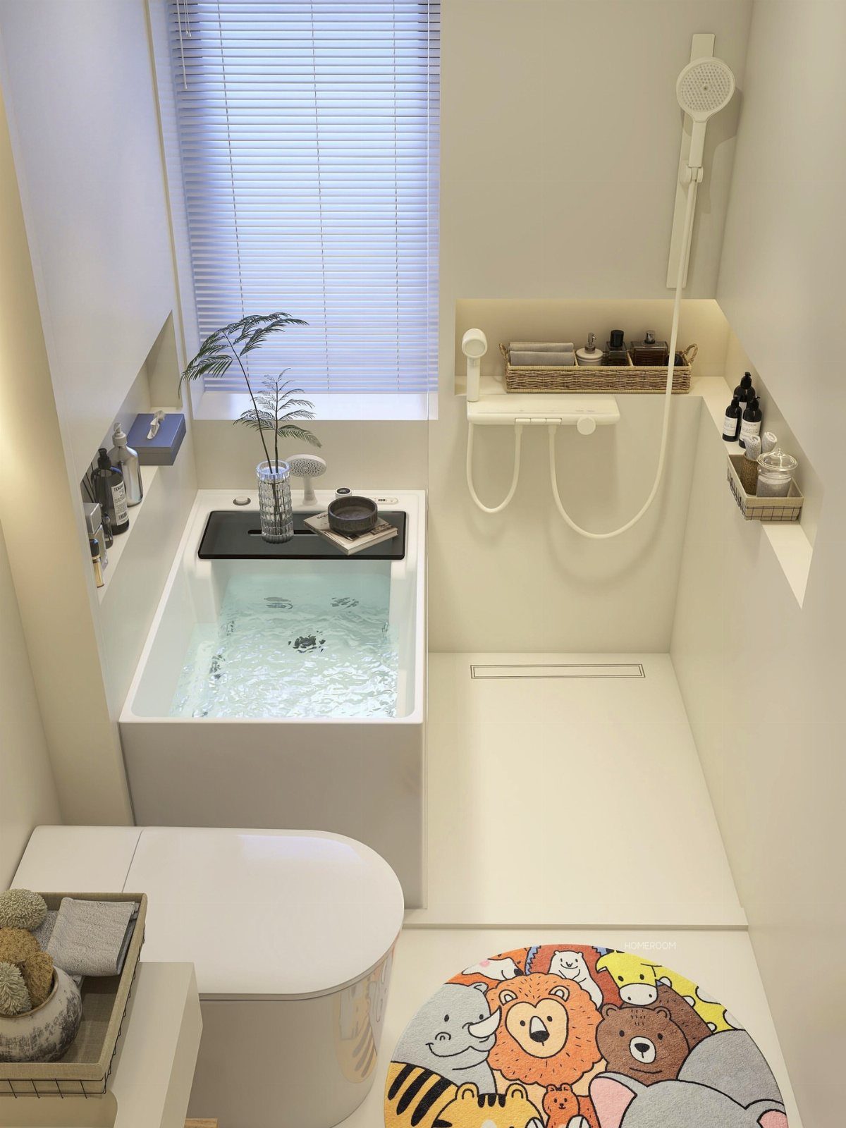 Small white bathroom with a compact bathtub, shower area, and animal print rug.