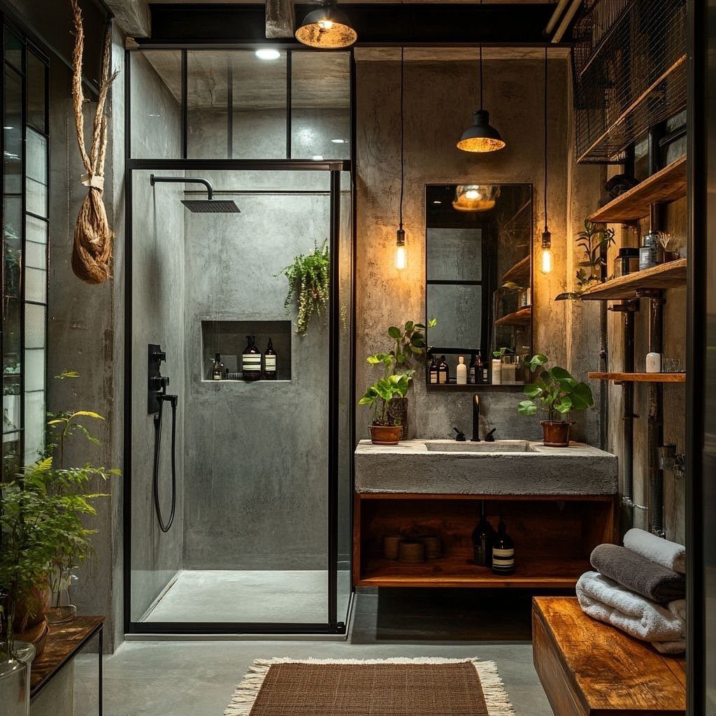 Industrial bathroom with concrete walls, black shower frame, and wooden vanity accents.