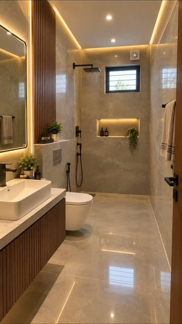 Modern narrow bathroom with large beige tiles, white vessel sink, and walk-in shower.