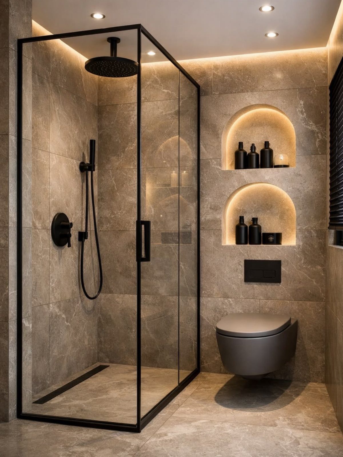 Modern small bathroom with black shower fixtures, wall-hung toilet, and arched recessed niches.