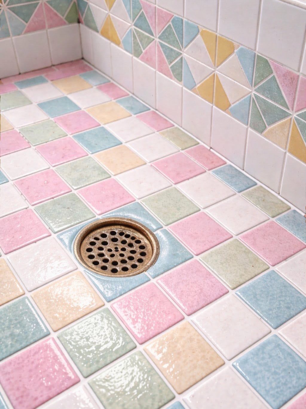 Pastel colored mosaic tiles on a shower floor with a circular metal drain.