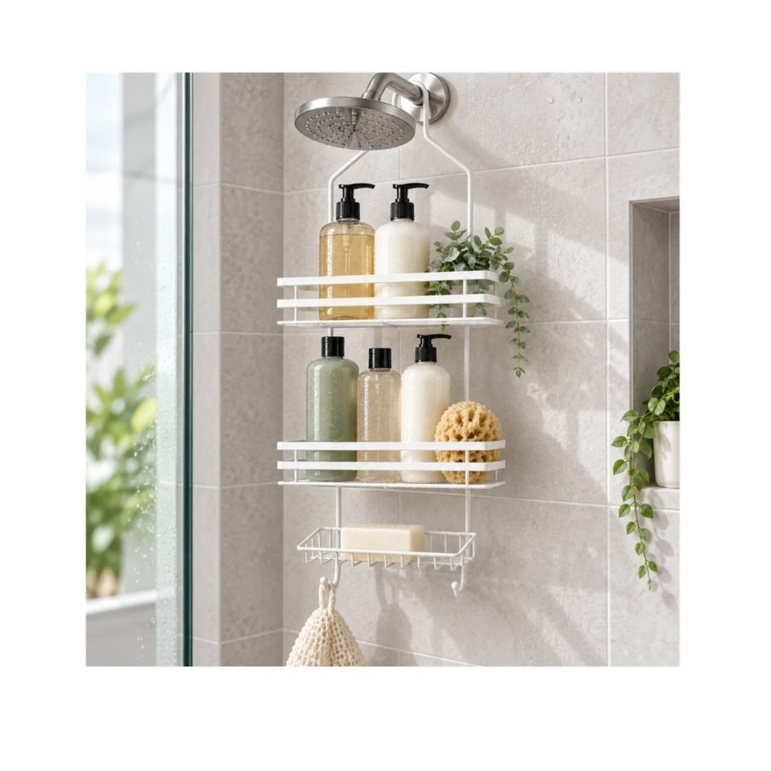 White wire shower caddy holding bottles and soap against light grey tiled walls.