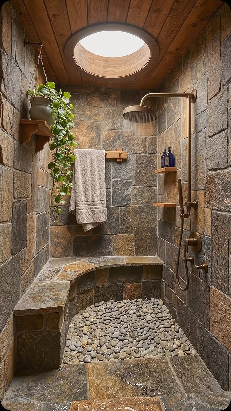 Stone tile shower with pebble flooring, wooden ceiling, and a circular skylight.