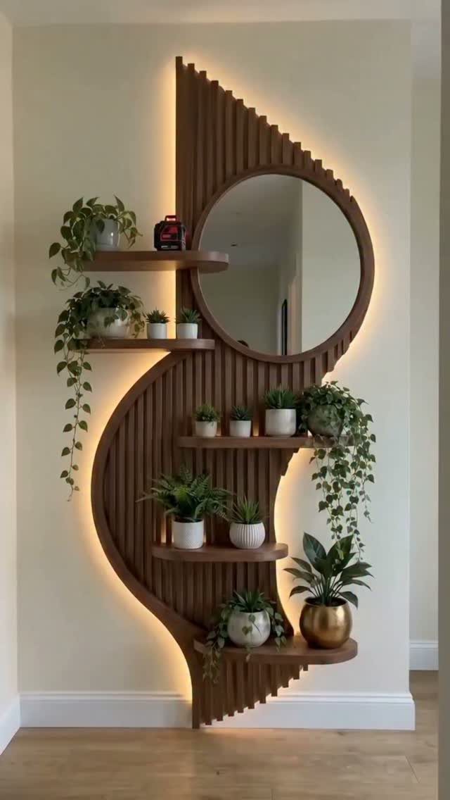 Wooden wall shelf with a circular mirror, integrated lighting, and several potted plants.