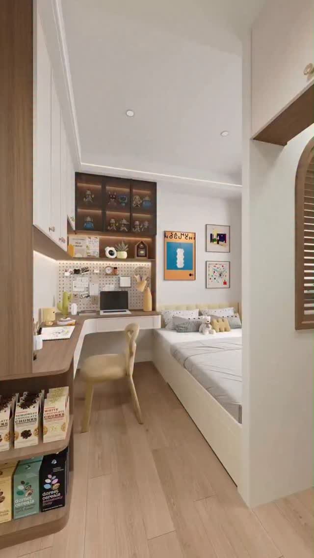 Built-in desk and shelving unit in a narrow white bedroom with light wood floors.