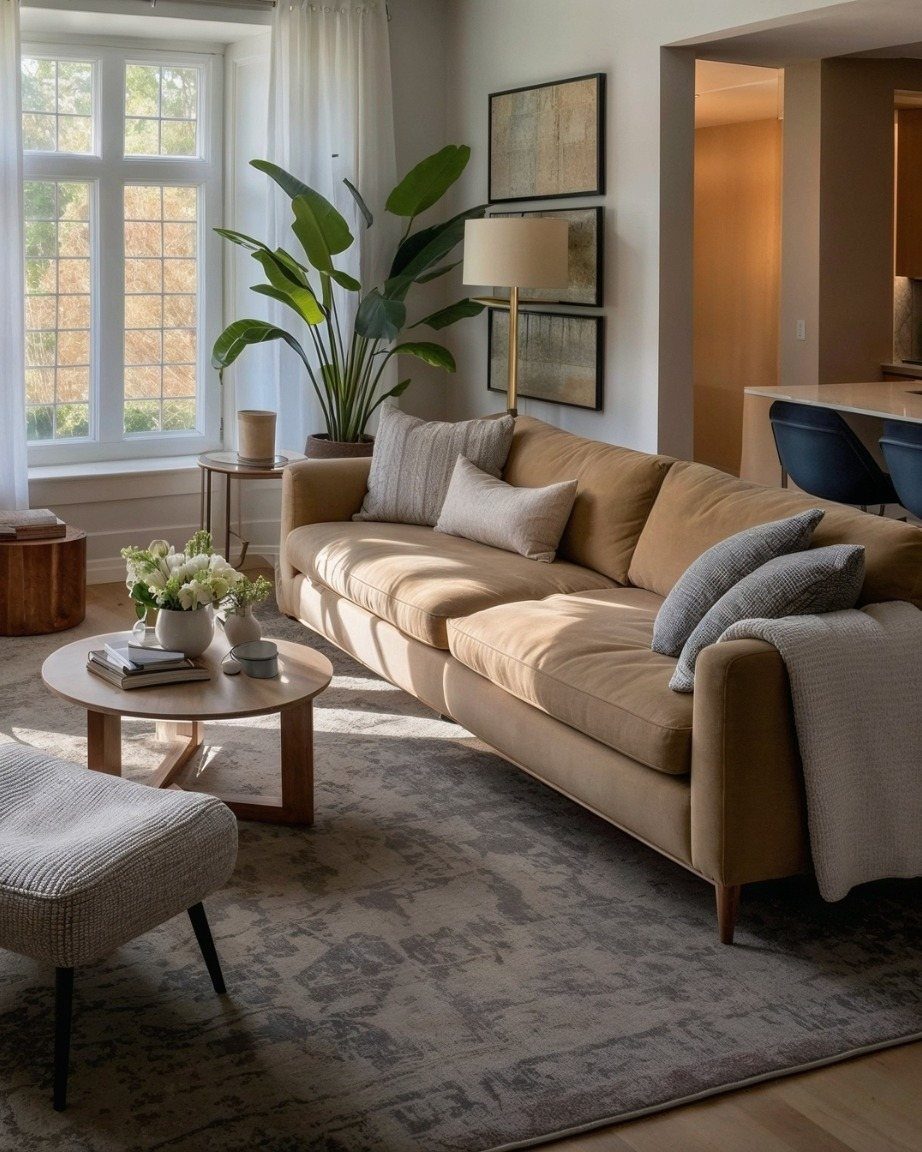 Tan sofa and round wooden coffee table in a bright, neutral living room.