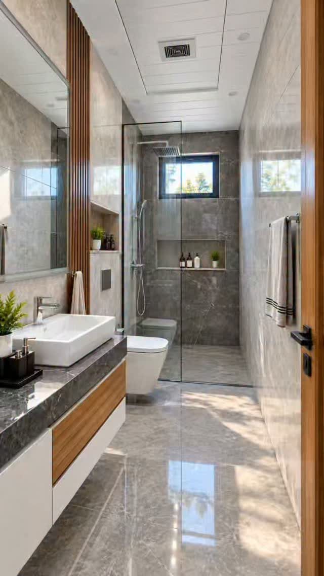 Floating vanity with marble countertop in a modern grey marble bathroom