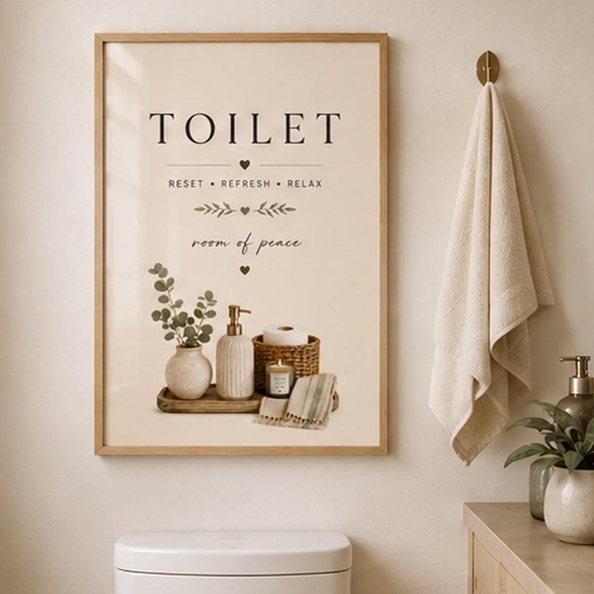 Framed toilet art print on a beige wall above a white toilet.