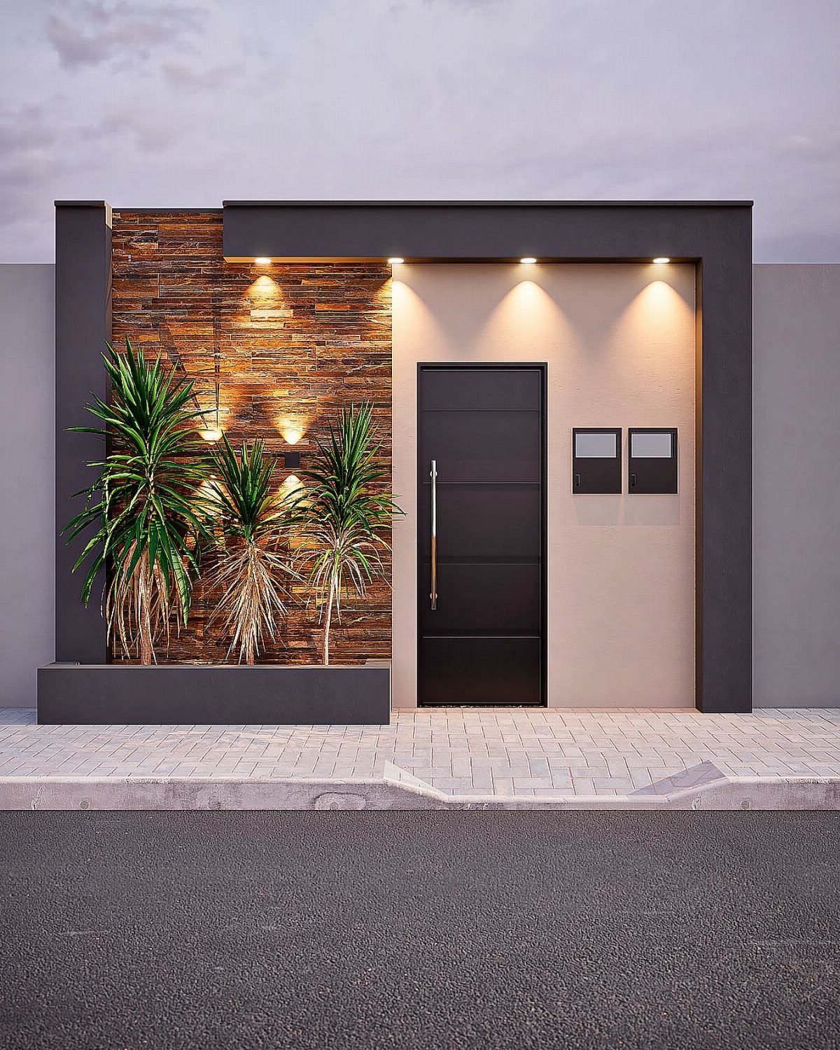 Sleek black front door next to a textured stone wall with warm lighting.