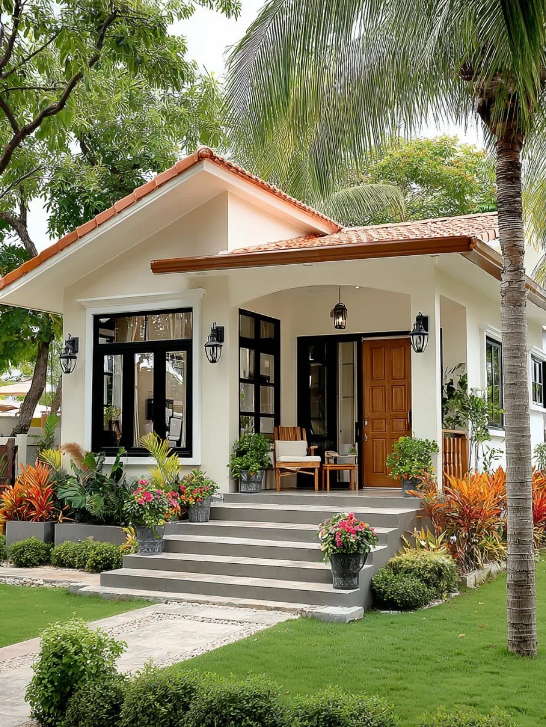 Small white house with terracotta roof and lush tropical landscaping and potted plants.