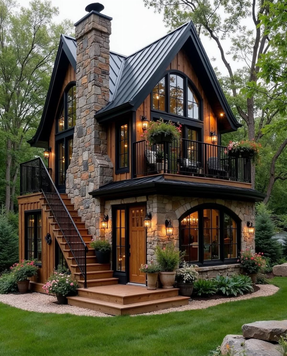 Small house exterior combining wood siding, stone walls, and a black metal roof.