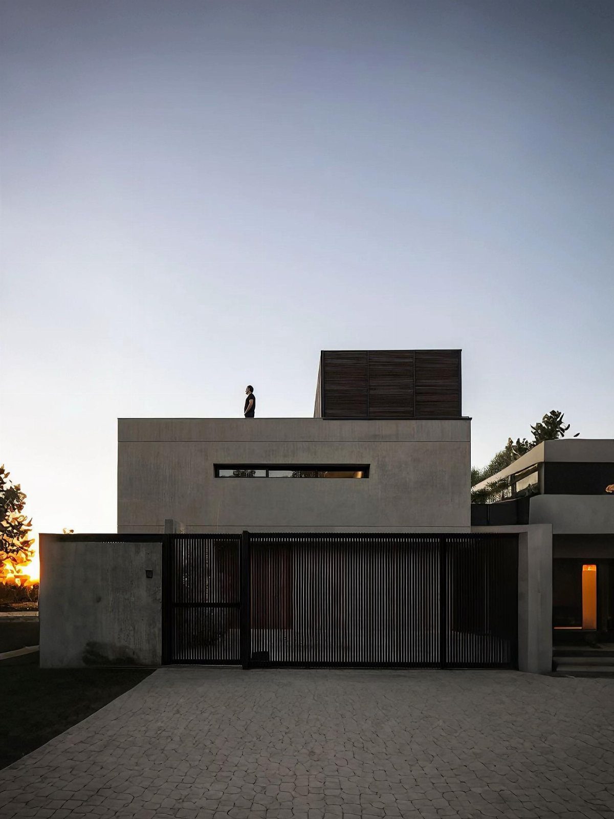 Modern concrete house with a flat roof and dark slatted front gate.