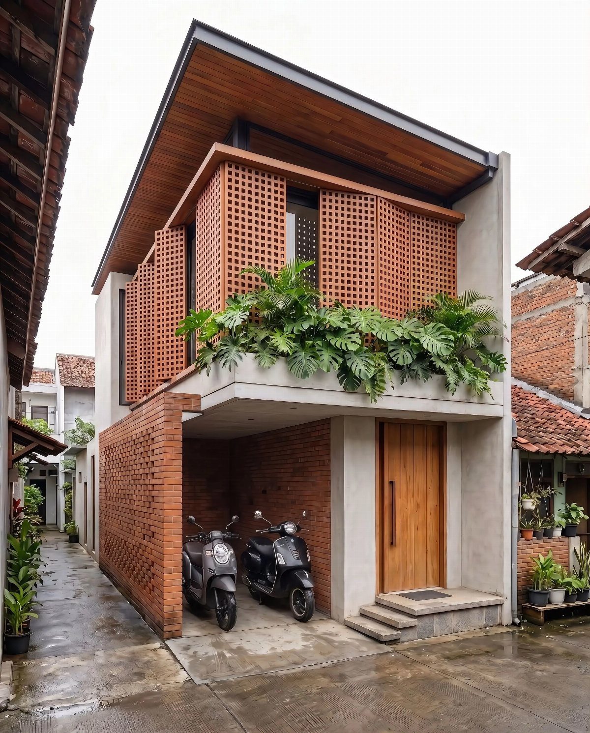 Modern small house with red brick exterior, wooden door, and perforated brick screens.