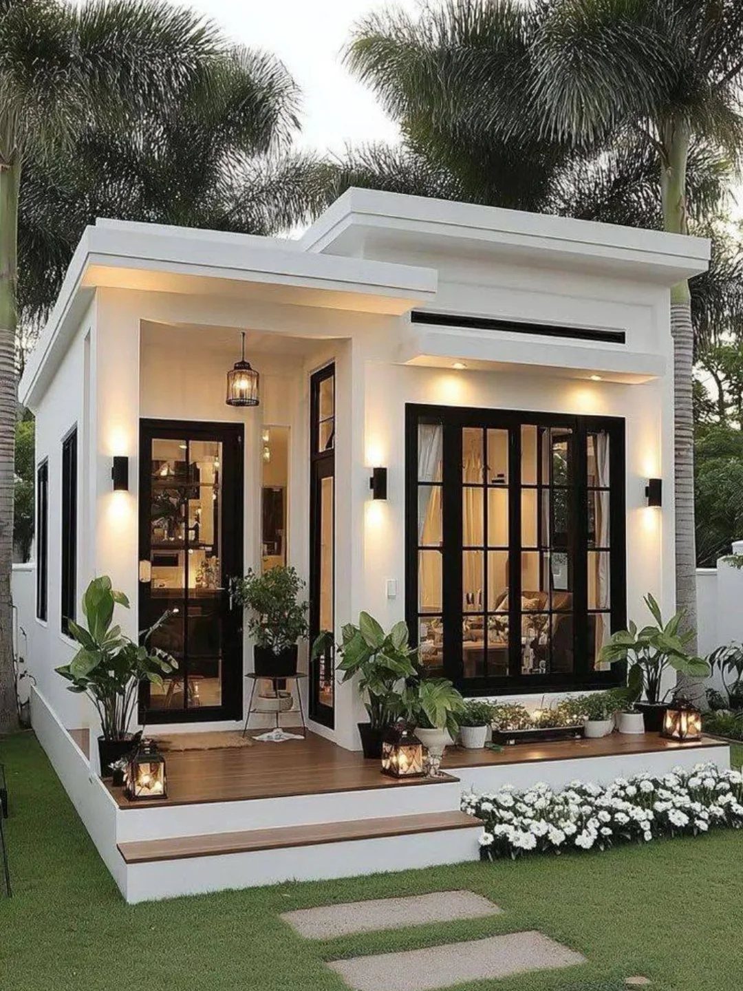 Small modern white house with black window frames and a wooden front deck.