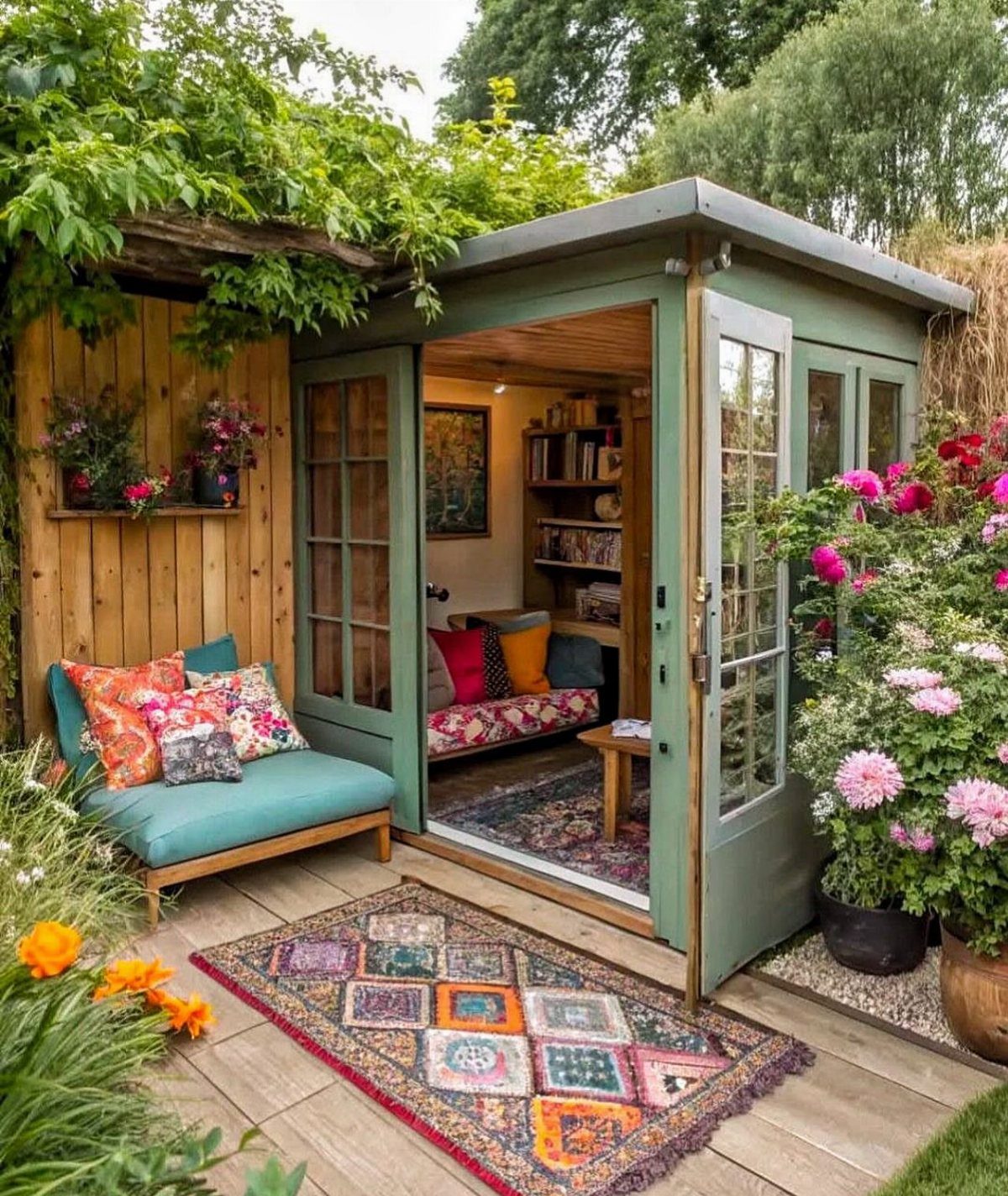 Green garden studio with built-in seating, colorful textiles, and surrounding floral garden.