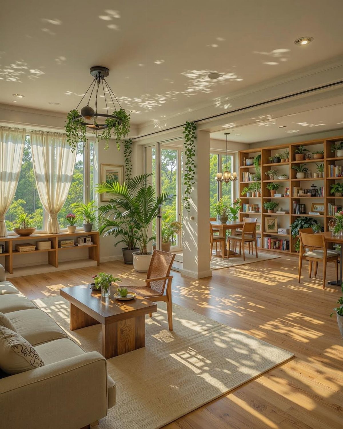Sunlit open living room with large windows, wooden furniture, and many green plants.