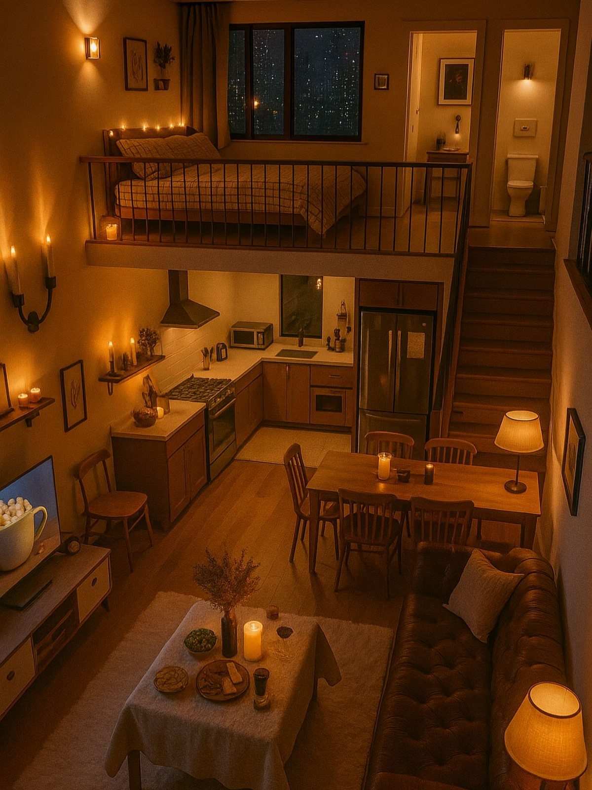 Cozy small studio apartment with loft bedroom and multiple warm light sources.