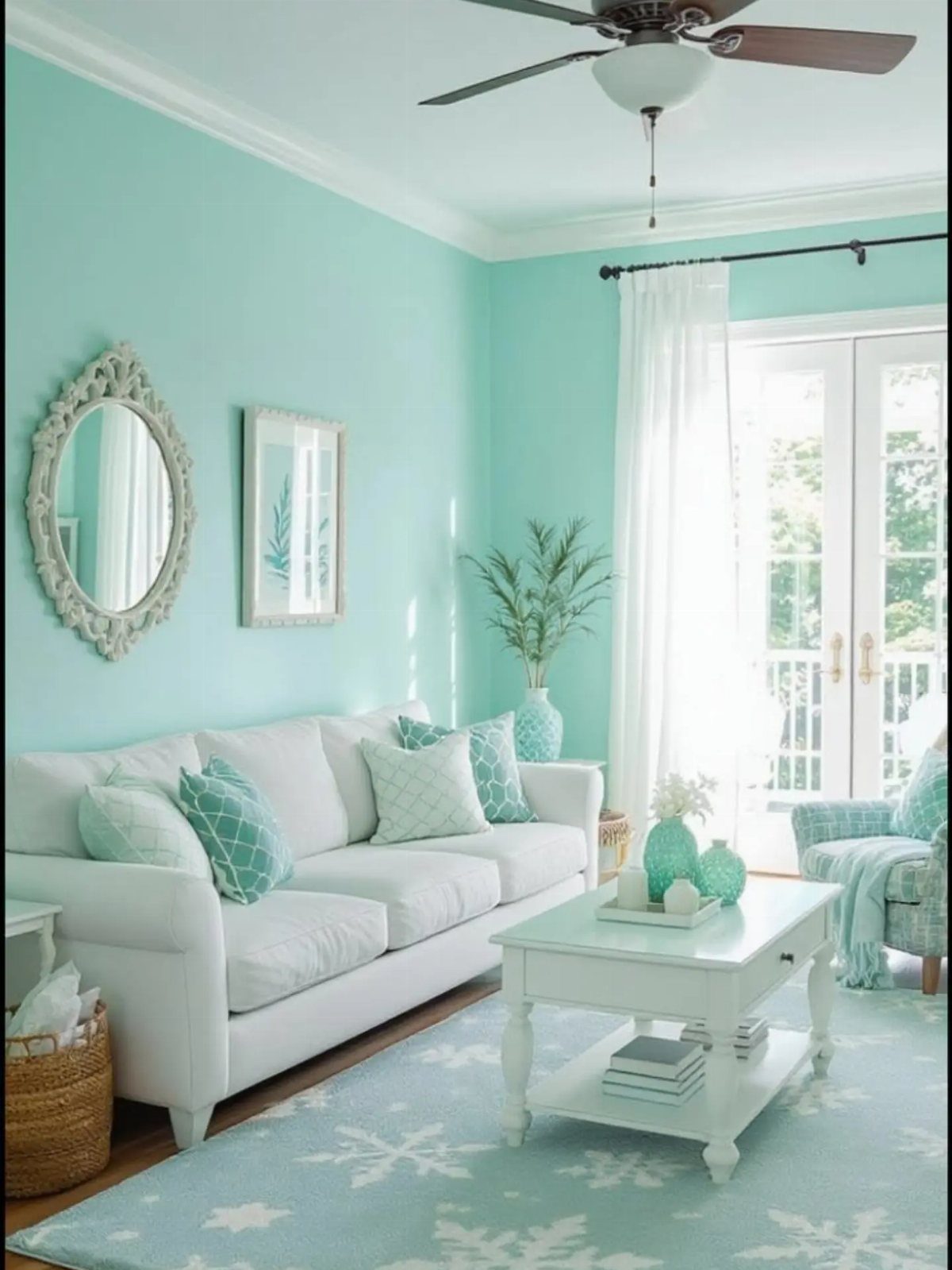 Bright living room with light turquoise walls, white furniture, and a blue rug.
