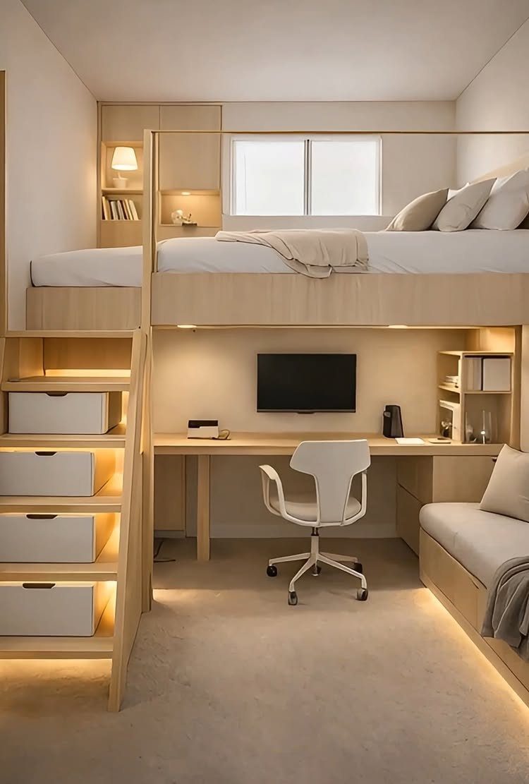 Loft bed with integrated desk and storage in a light wood small room