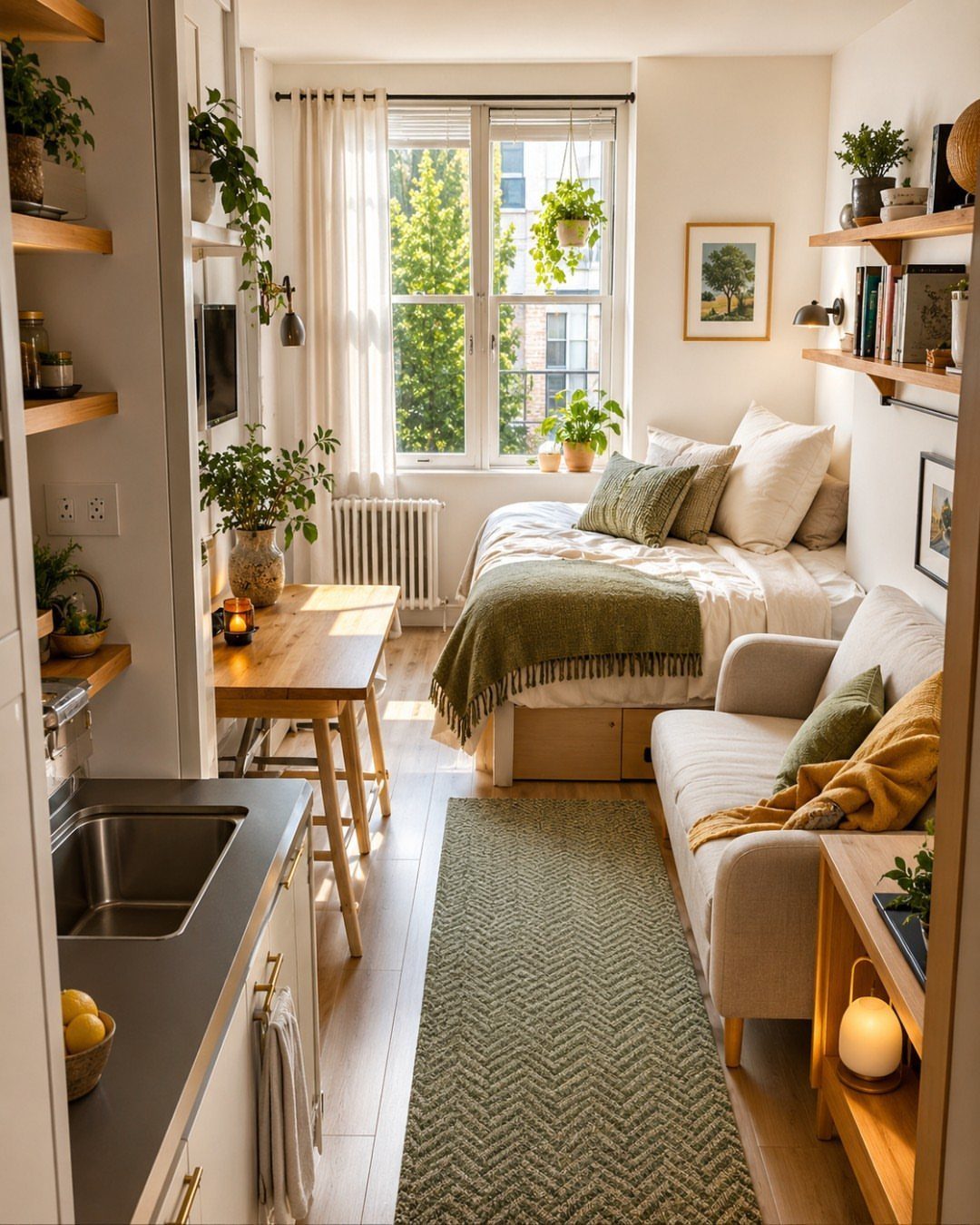 Small studio apartment interior with a bed, sofa, and kitchenette in natural light.