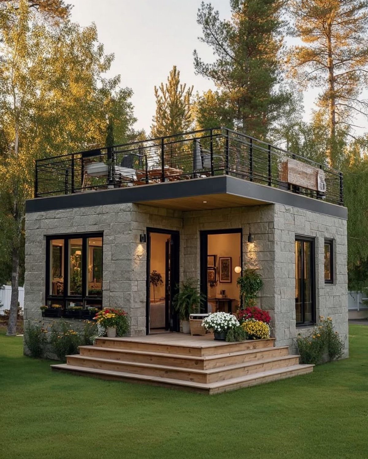 Small stone house featuring a rooftop deck with furniture and a wooden porch.