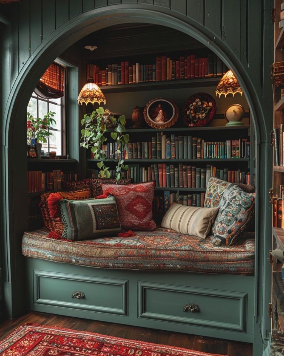 Built-in green bench with cushions and drawers in a cozy library alcove