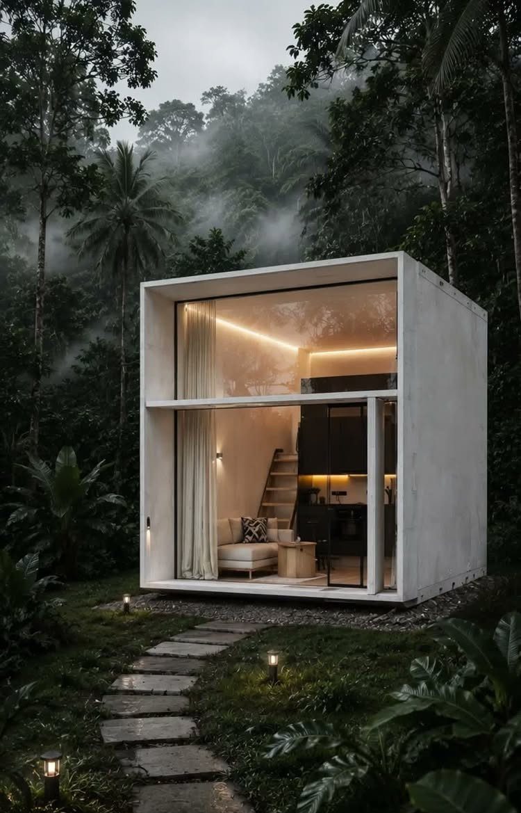 Modern white cubic tiny house with glass walls nestled in a misty forest