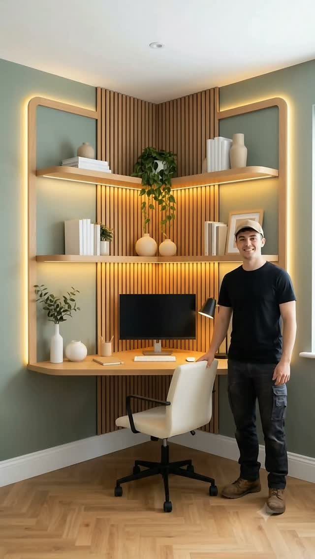 Wall-mounted wooden desk and shelving unit with integrated lighting and a man standing beside.