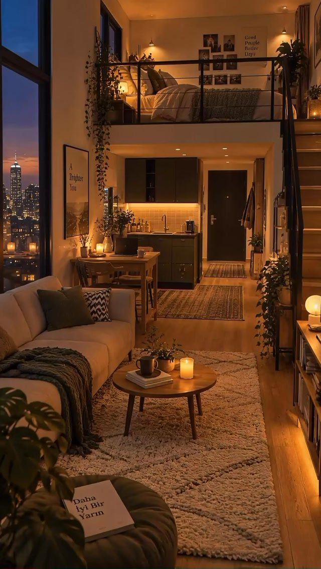 Cozy studio apartment with lofted bed and city skyline view through large window