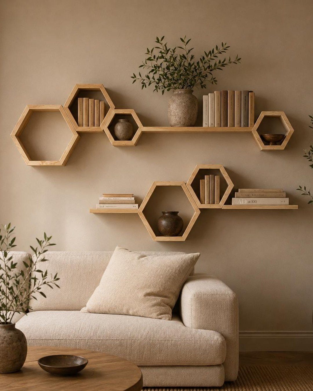Wooden hexagonal wall shelves with books and vases above a cream fabric sofa.