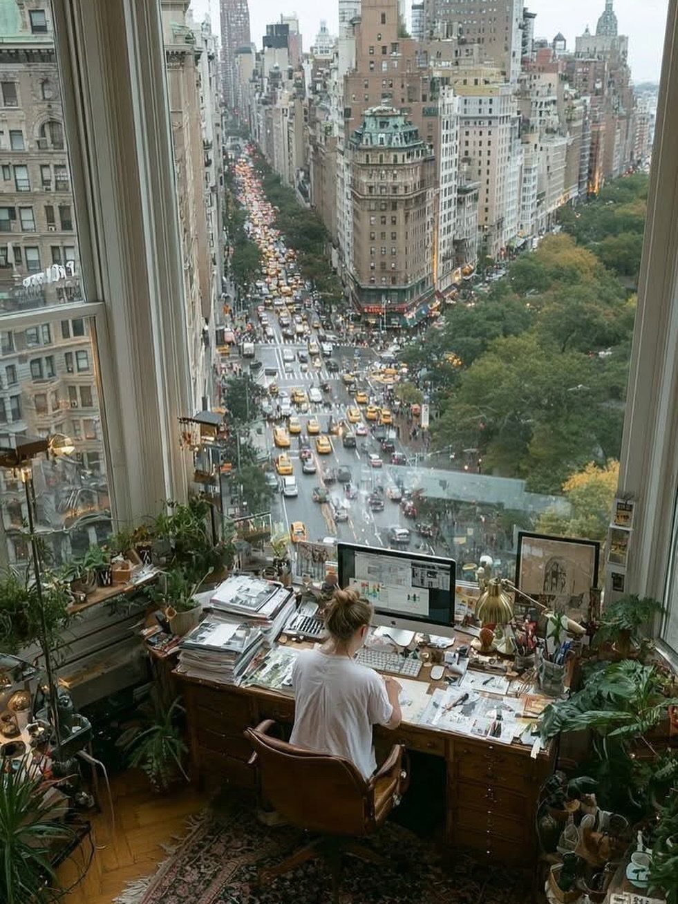 Person working at a desk in a high-rise apartment overlooking New York City streets.