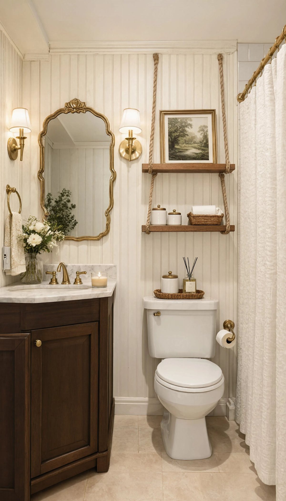 Ornate gold antique mirror hanging above a dark wood vanity in a powder room