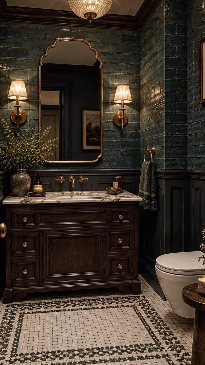 Small powder room with deep teal tiles, navy walls, and a dark wood vanity.
