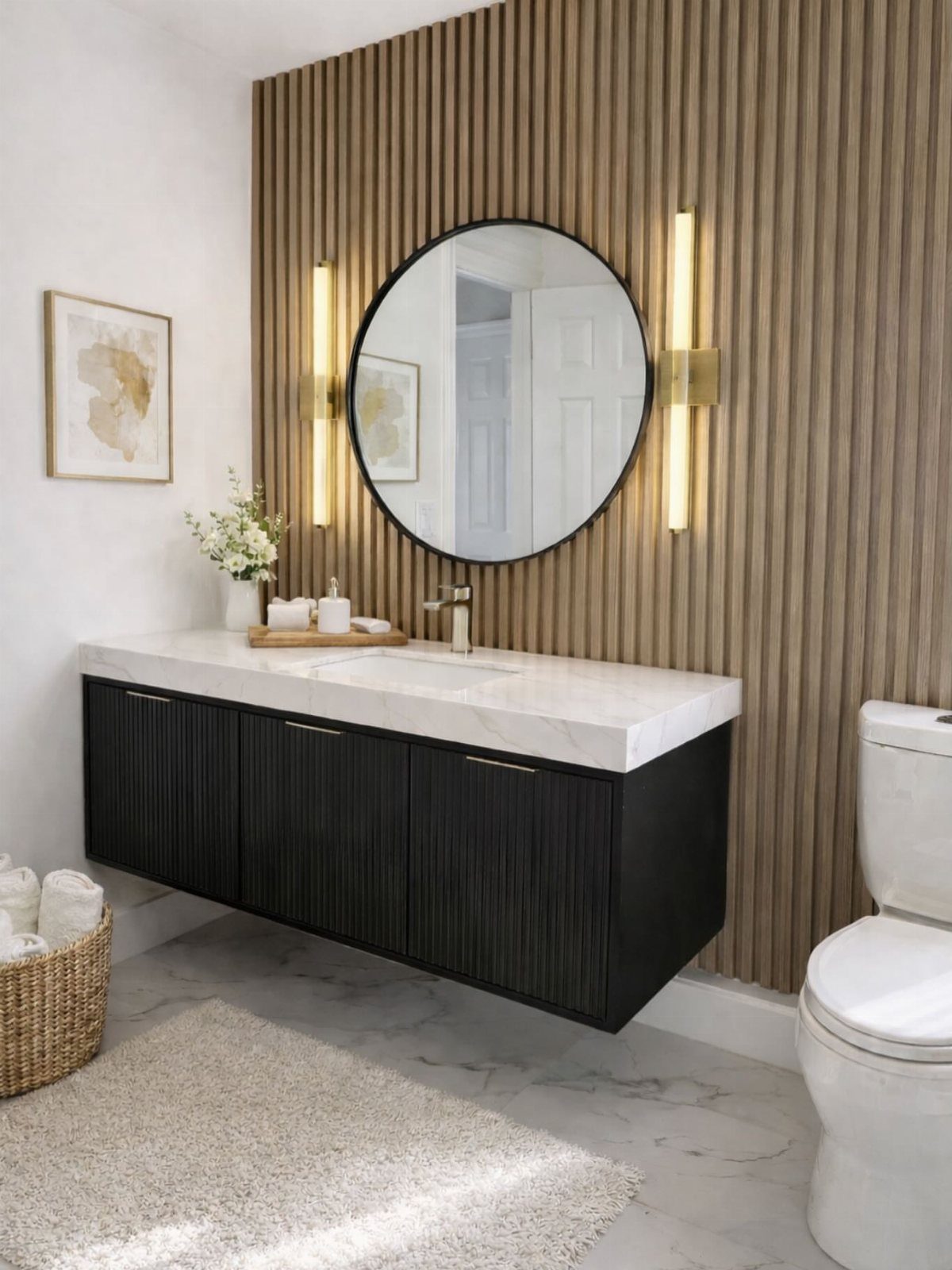 Black floating vanity with marble top in a modern powder room with slatted walls.