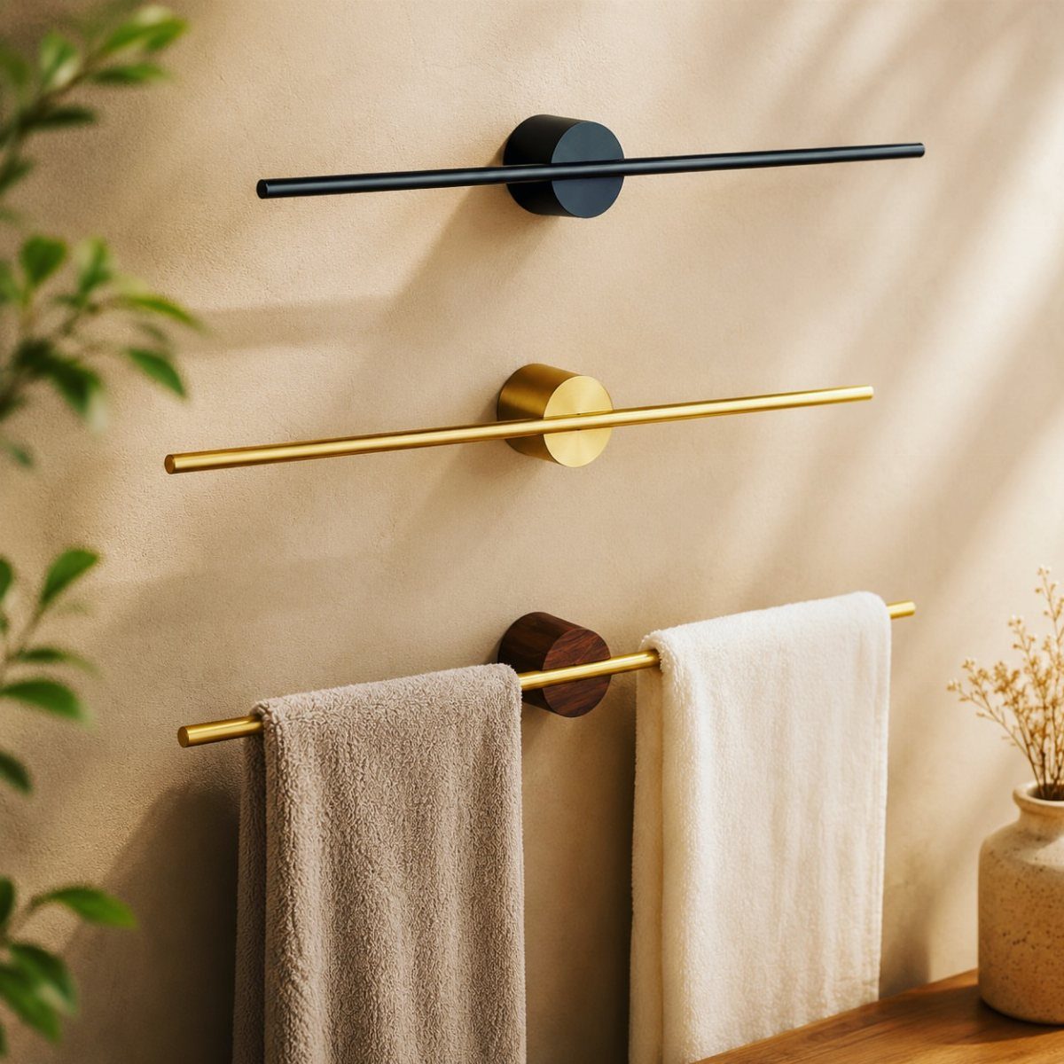 Three modern cylindrical towel bars in black, gold, and wood on a beige wall.