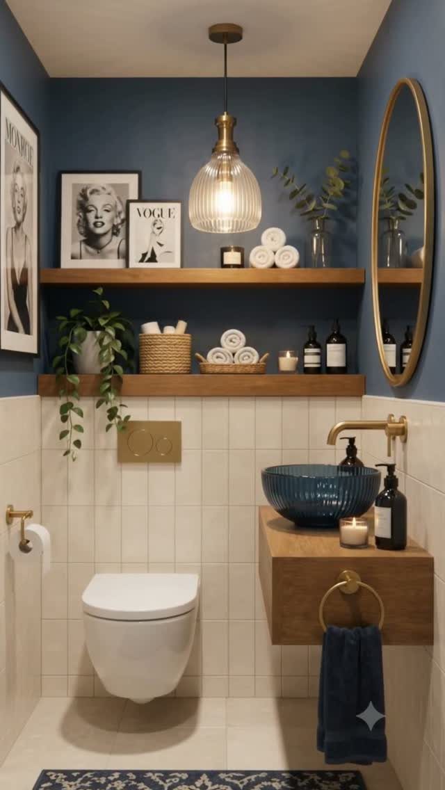 Wall-mounted toilet and floating wooden vanity in a navy and white powder room.