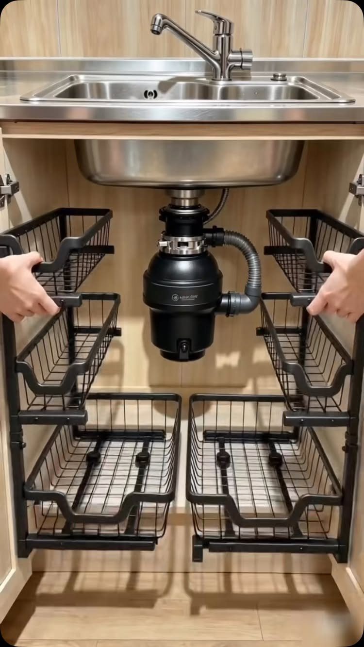 Black wire pull-out baskets installed inside a kitchen sink cabinet for storage.